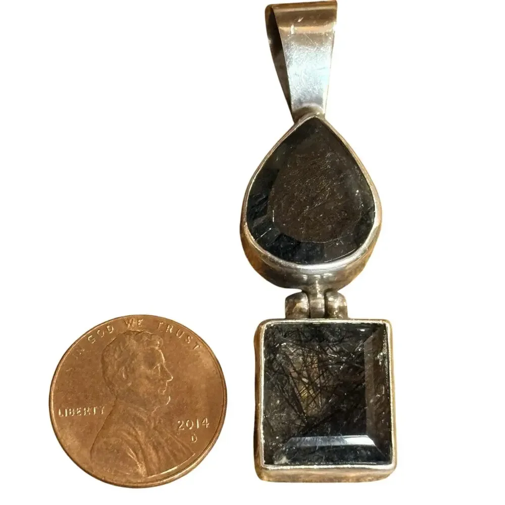 Sterling Silver & Tourmalinated Quartz Pendant Vintage 2.10 Inches Long